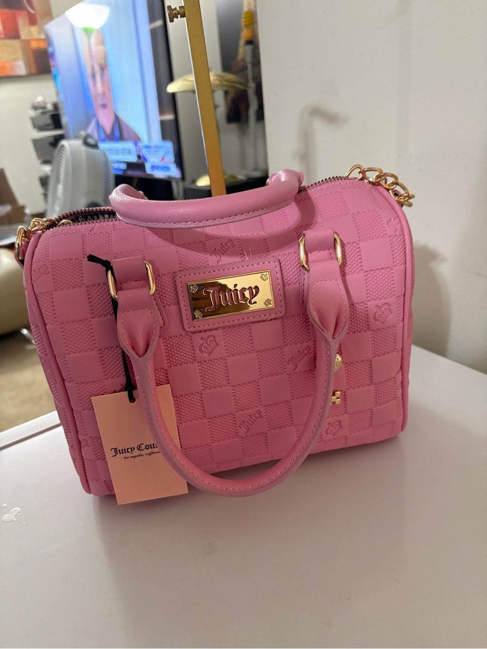 Juicy Couture Pink Quilted Checker Satchel with Gold Plaque